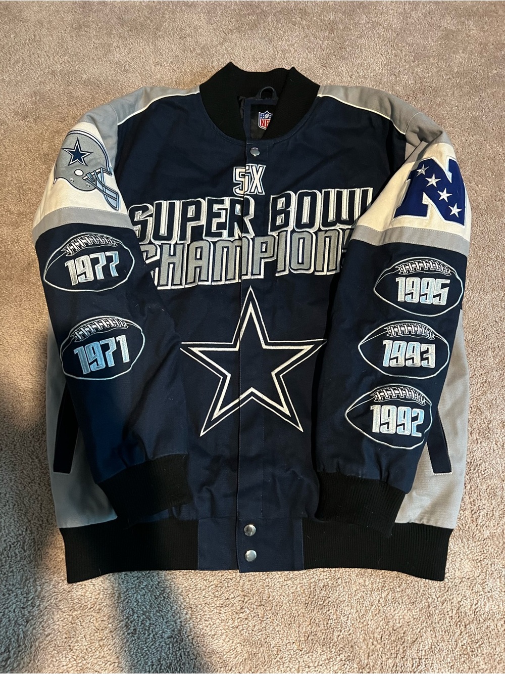 NFL Dallas Cowboys Navy and Gray Super Bowl Champions Bomber Jacket